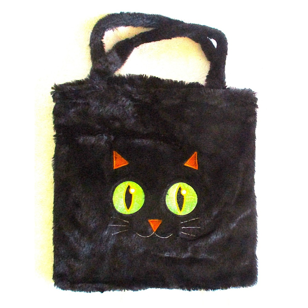 Black Faux Fur Cat Tote Bag Green Eyes Halloween Plush Fuzzy Handbag VERY SOFT